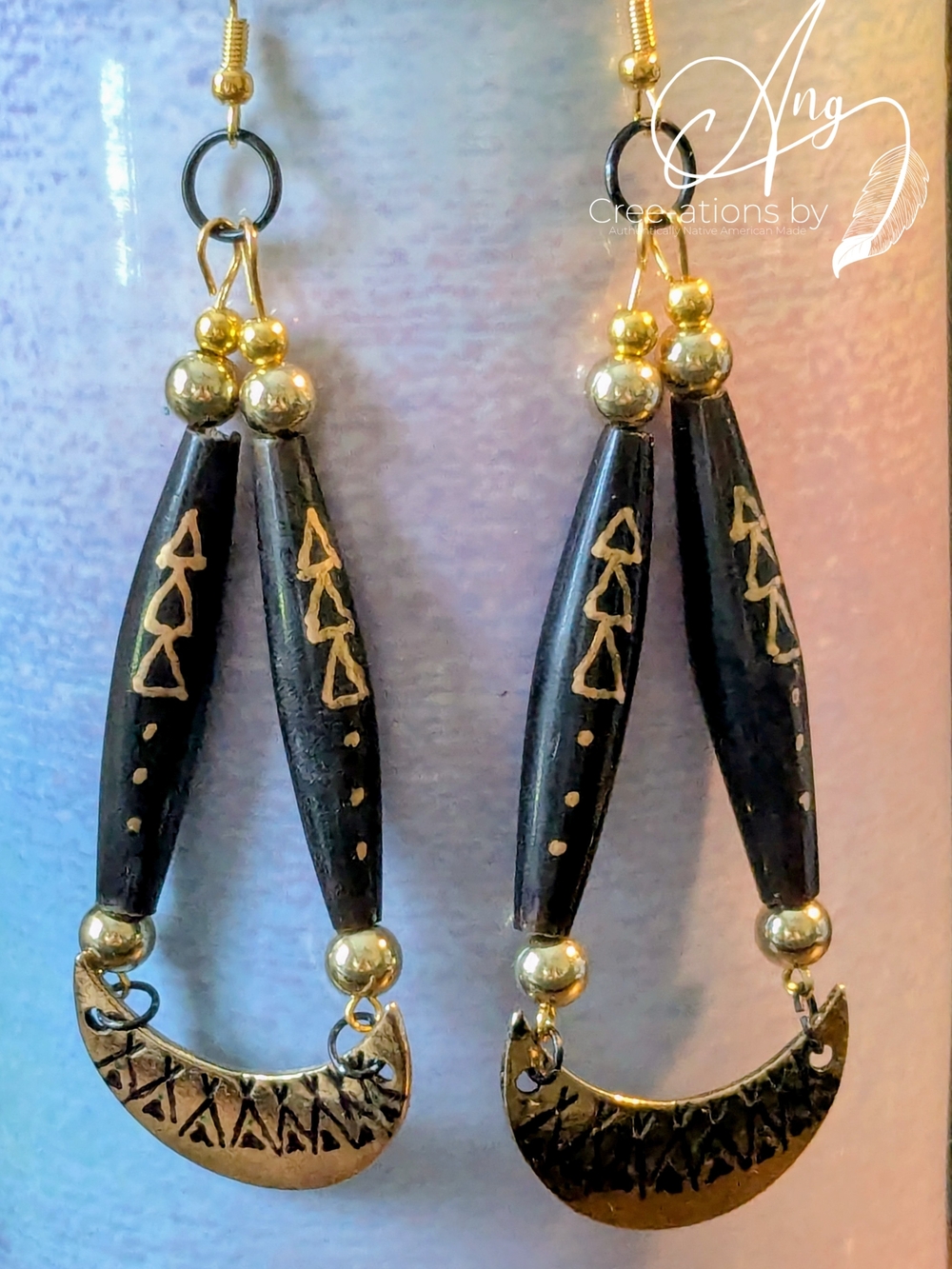 Indigenous Gold and Black Tribal Canoe With Buffalo Bone Earrings
